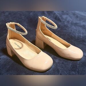 Steve Madden’s Girls bejeweled Ankle Strap Block Heel Pump